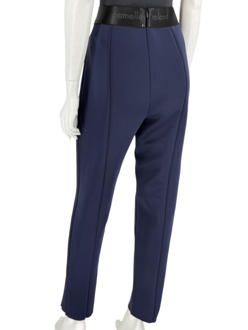 Pamella Roland Navy Slim-Leg Pants with Black Logo Waistband – Large