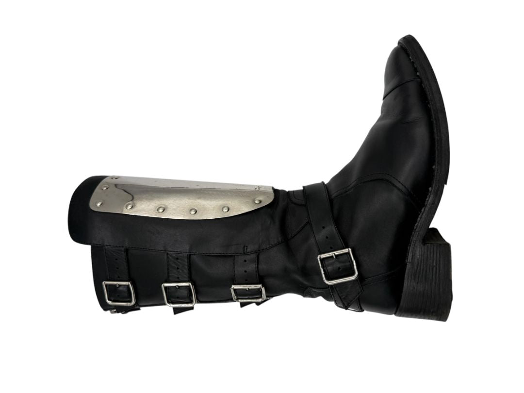 Chanel Black Leather Moto Boots with Silver Armor Plate – Size 40.5