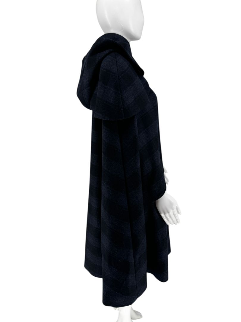 *RARE* Chanel Navy & Black Plaid Wool Hooded Cape with Logo Buttons – Size FR 44