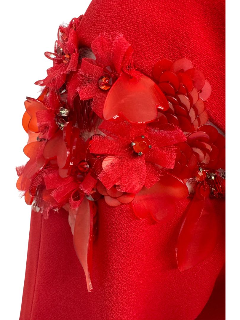 Pamella Roland Red Asymmetrical Floral Embellished Sheath Dress