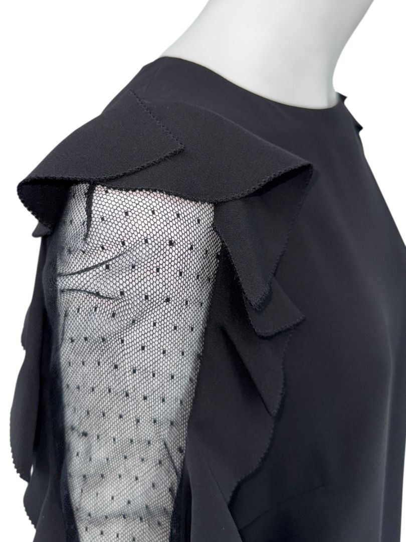 Valentino Black Long Sleeve Ruffle Mini Dress with Point d'Esprit Inset – Size US 10 / IT 46