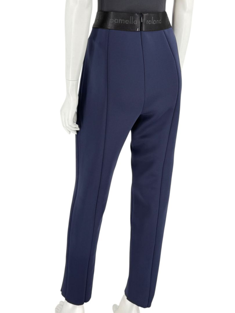 Pamella Roland Navy Slim-Leg Pants with Black Logo Waistband – Large