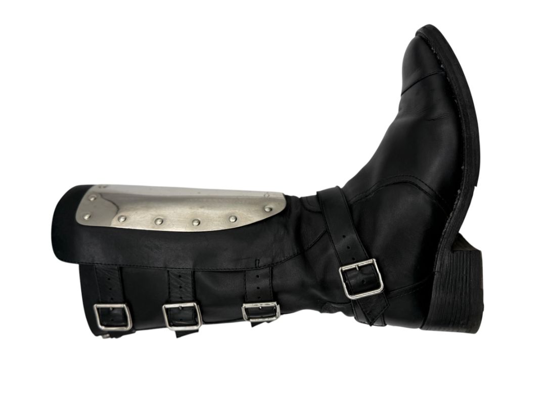 Chanel Black Leather Moto Boots with Silver Armor Plate – Size 40.5