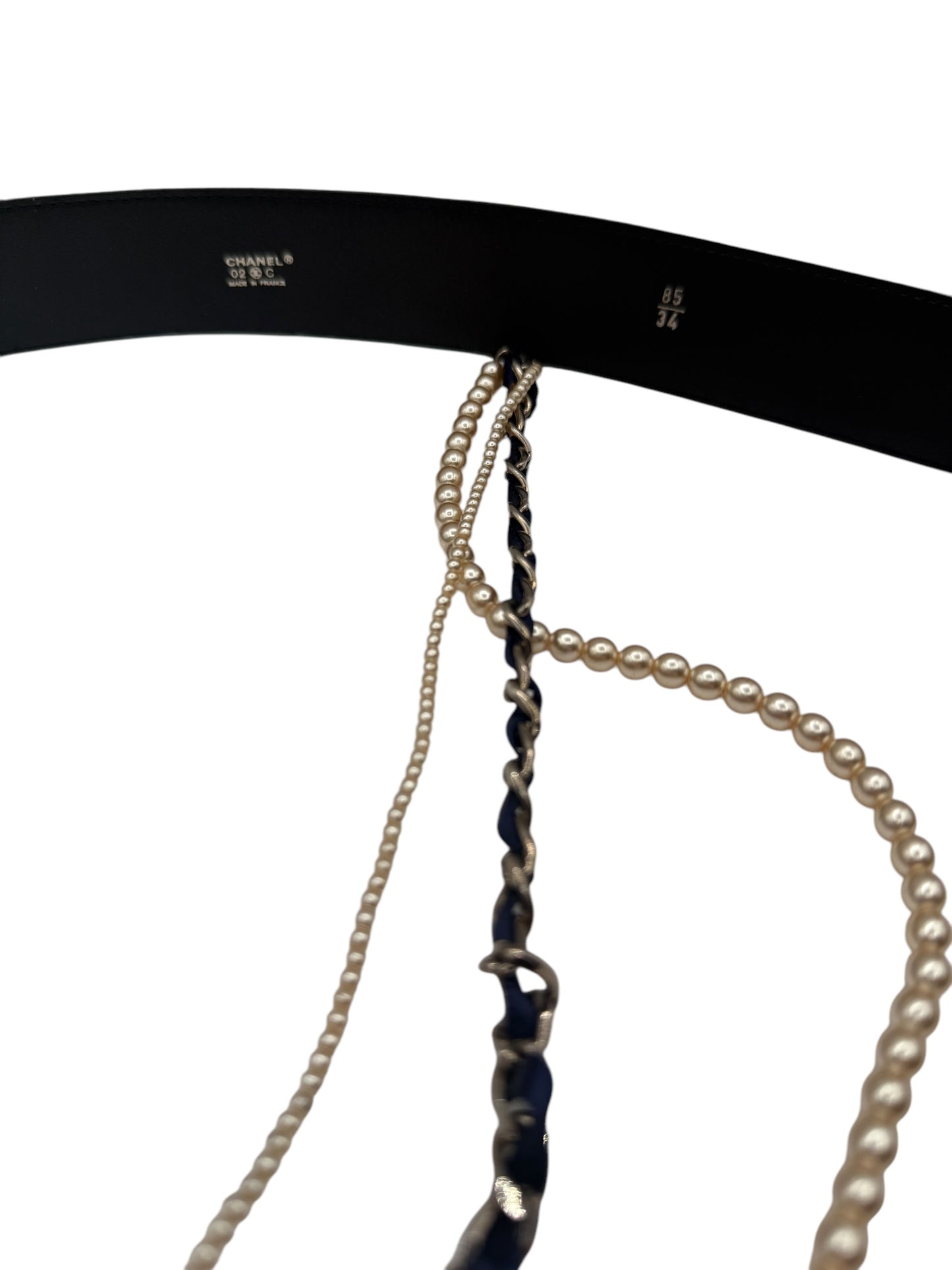 CHANEL Leather/Satin Belt with Pearls and Chains - Navy 34