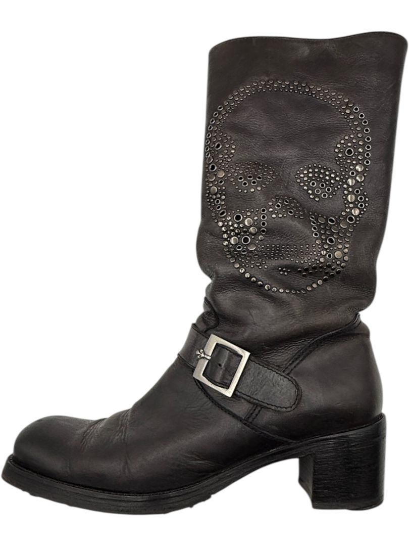 Patrick Cox Studded Skull Leather Moto Boots – Made in Italy – Size 40