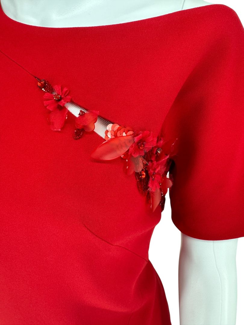 Pamella Roland Red Asymmetrical Floral Embellished Sheath Dress