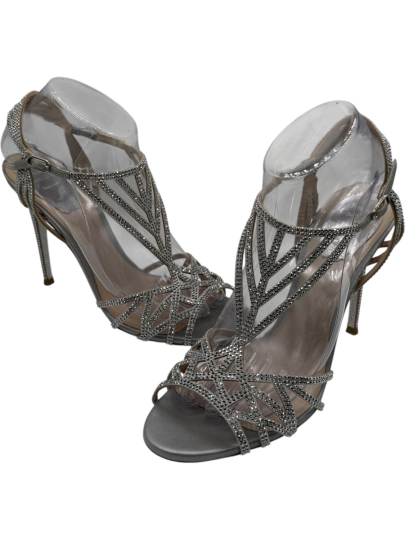 René Caovilla Silver Crystal-Embellished Sandals – Size 39