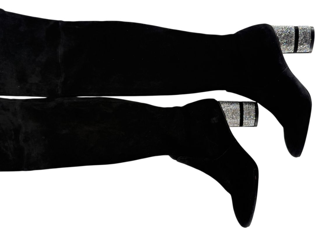 Stuart Weitzman Black Velvet Crystal Heel Over-the-Knee Boots – Size 9
