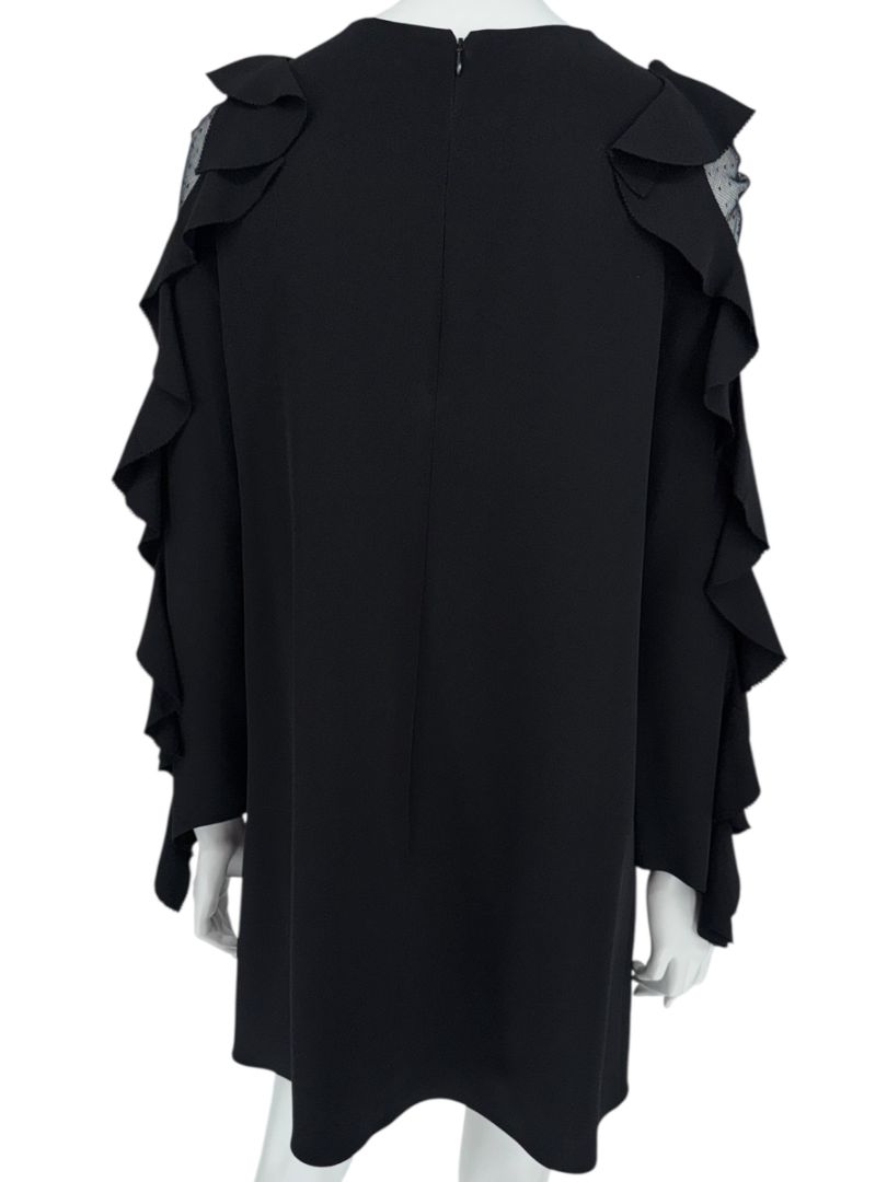 Valentino Black Long Sleeve Ruffle Mini Dress with Point d'Esprit Inset – Size US 10 / IT 46