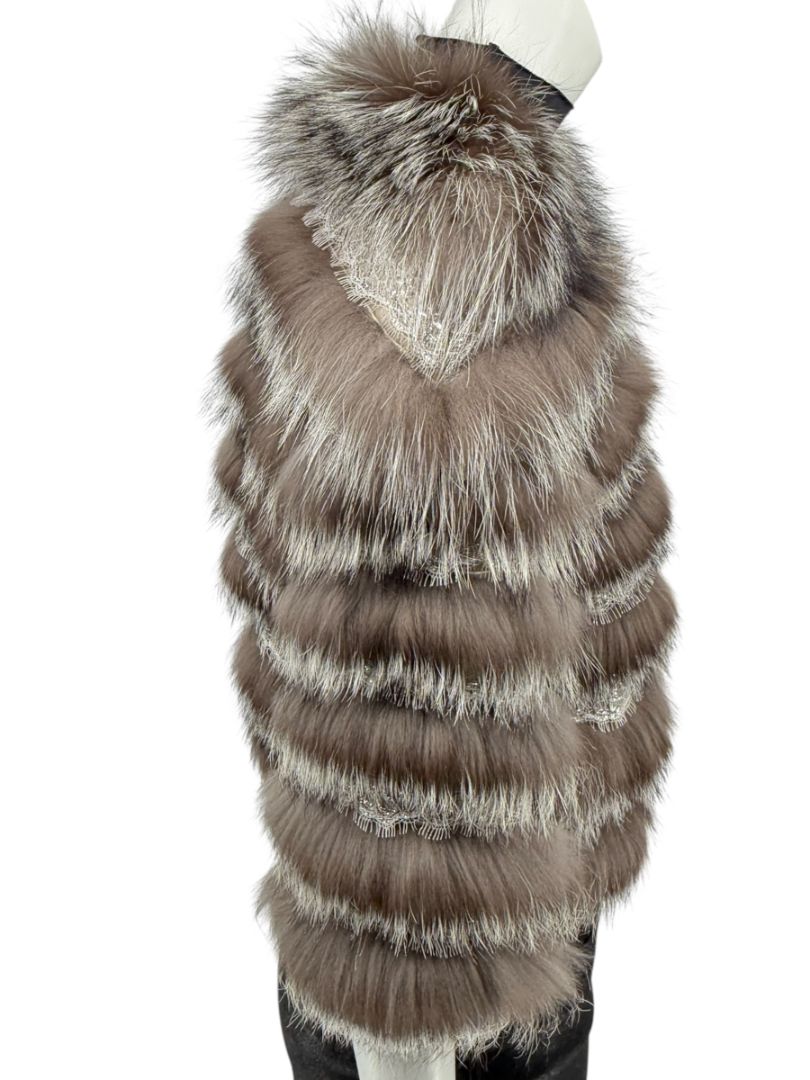 Pamella Roland Taupe Silver Fur Cape Style Jacket with Lace Trim – Sample Size Fits Like Large
