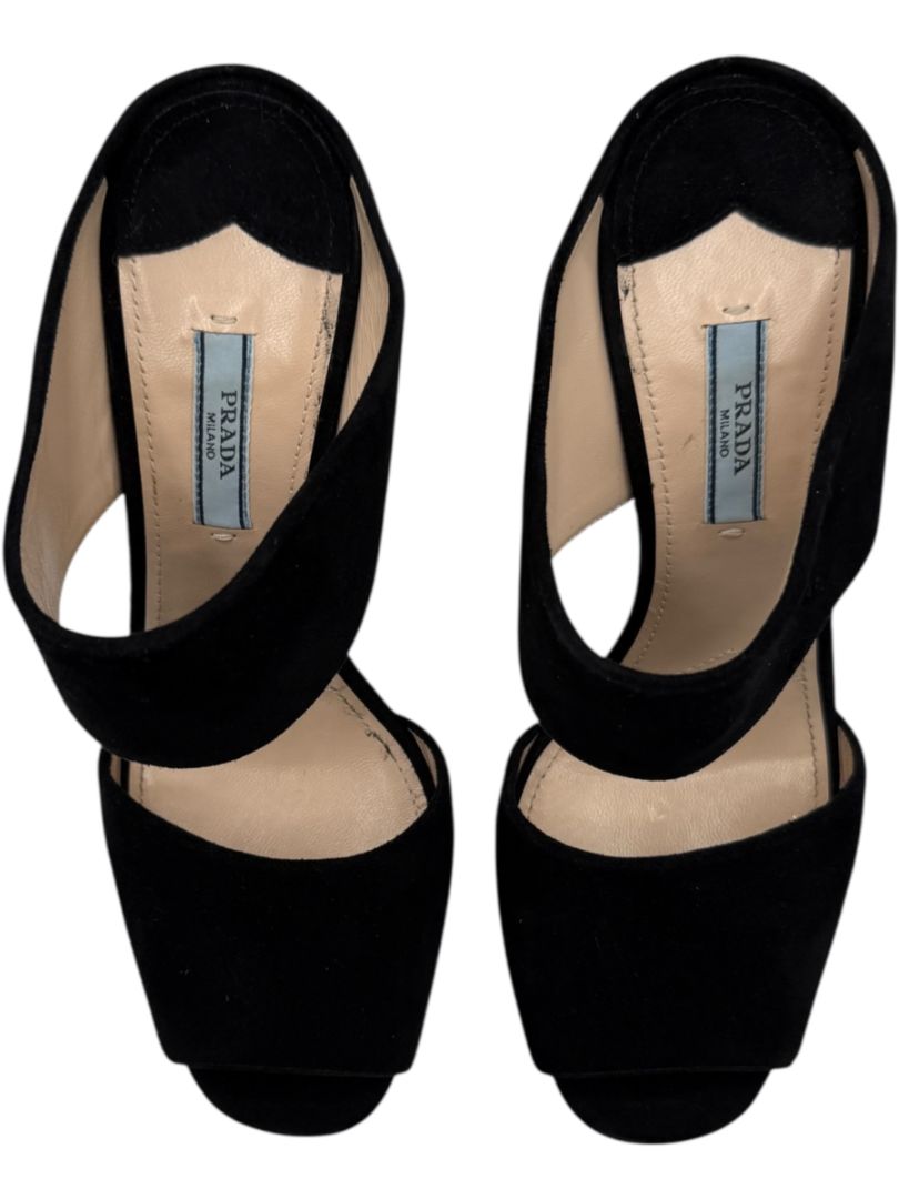 Prada Black Suede Cutout Wedge Sandals – Size 39
