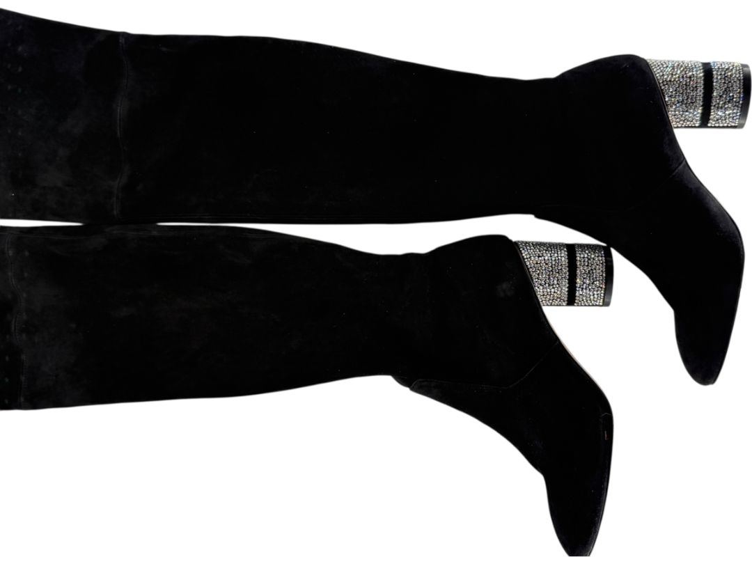 Stuart Weitzman Black Velvet Crystal Heel Over-the-Knee Boots – Size 9