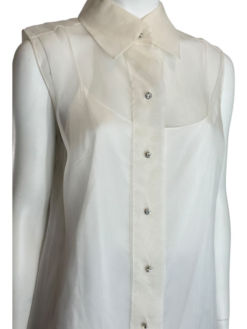 Pamella Roland Sleeveless Organza Blouse with Jewel Buttons - Large