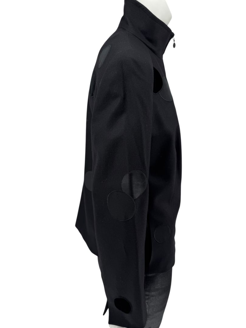 Akris Punto Black Wool Jacket with Leather & Velvet Appliqué – Size US 12
