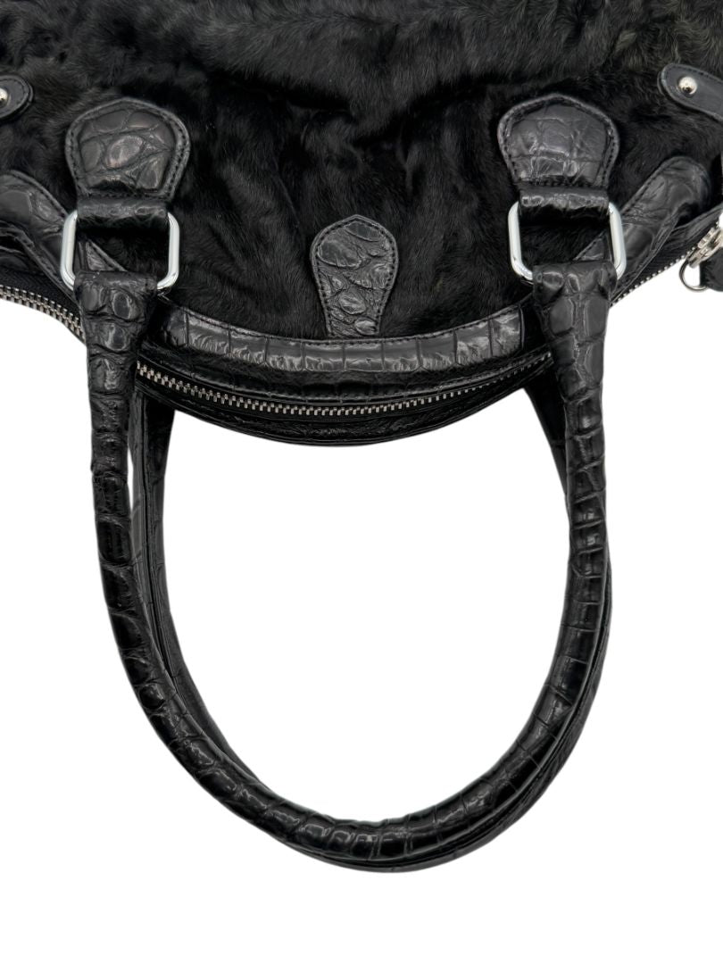 Darby Scott x Dennis Basso Black Faux Fur & Embossed Leather Satchel – Very Good Preowned Condition