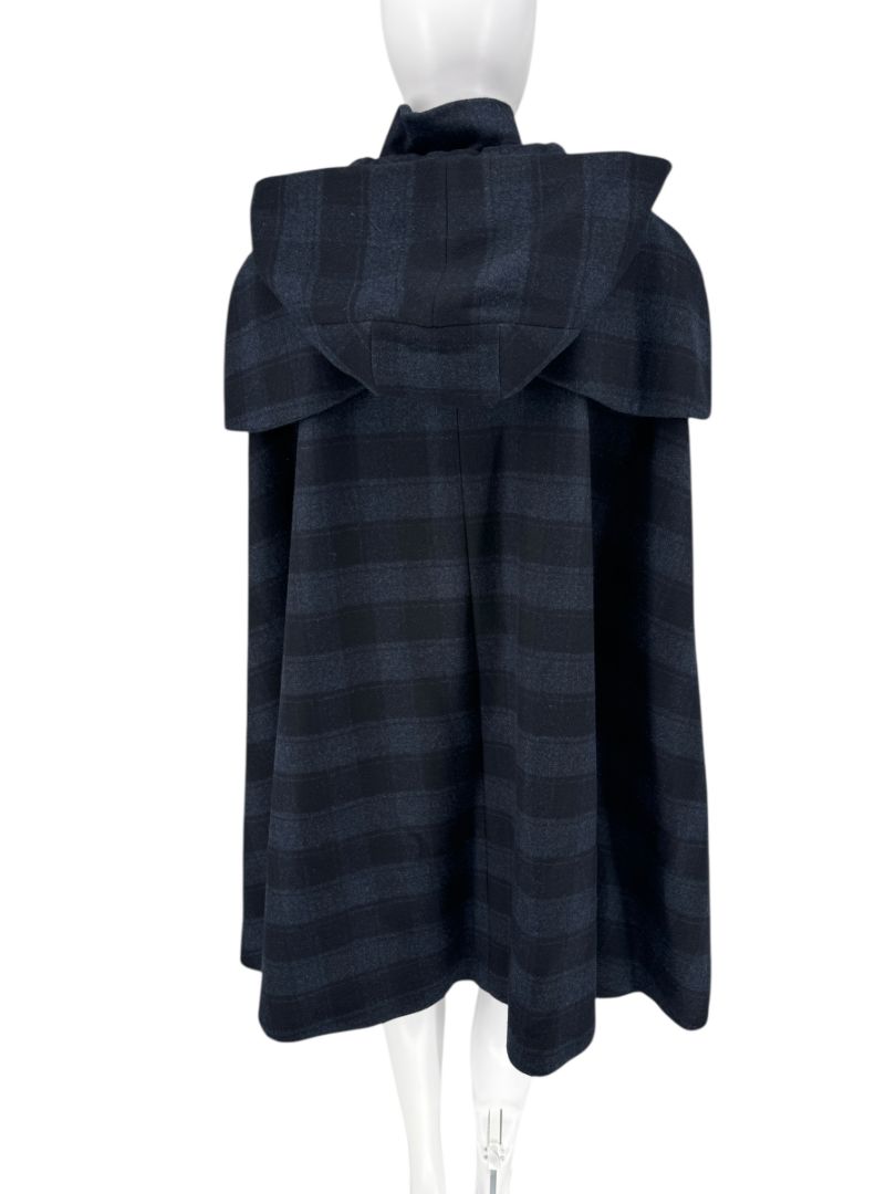 *RARE* Chanel Navy & Black Plaid Wool Hooded Cape with Logo Buttons – Size FR 44
