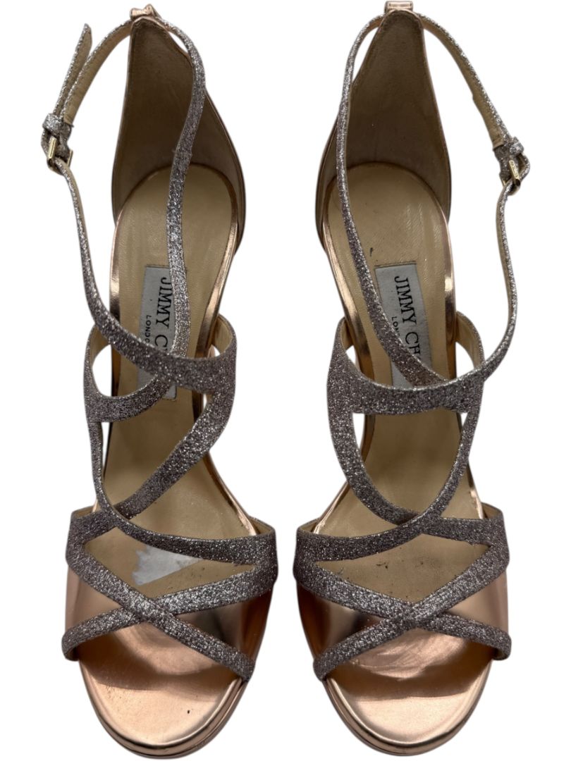 Jimmy Choo Metallic Rose Gold & Glitter Strappy Platform Sandals – Size 39