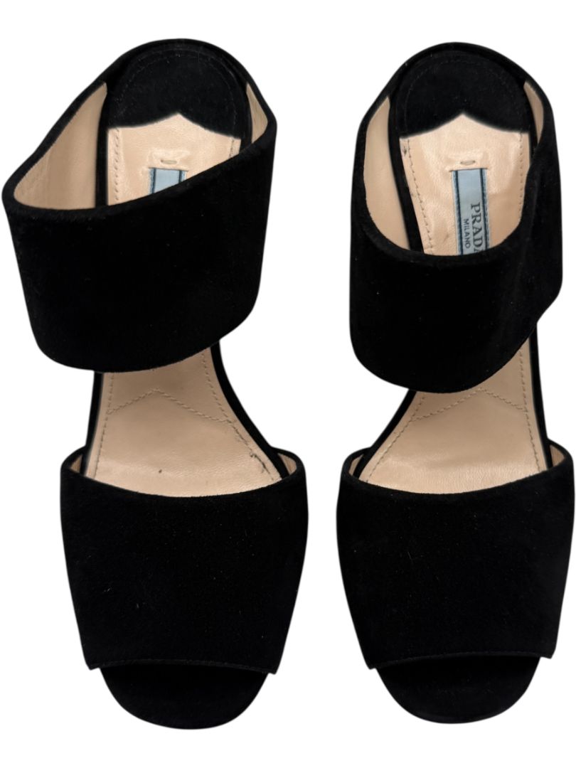 Prada Black Suede Cutout Wedge Sandals – Size 39