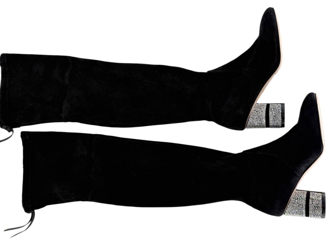 Stuart Weitzman Black Velvet Crystal Heel Over-the-Knee Boots – Size 9