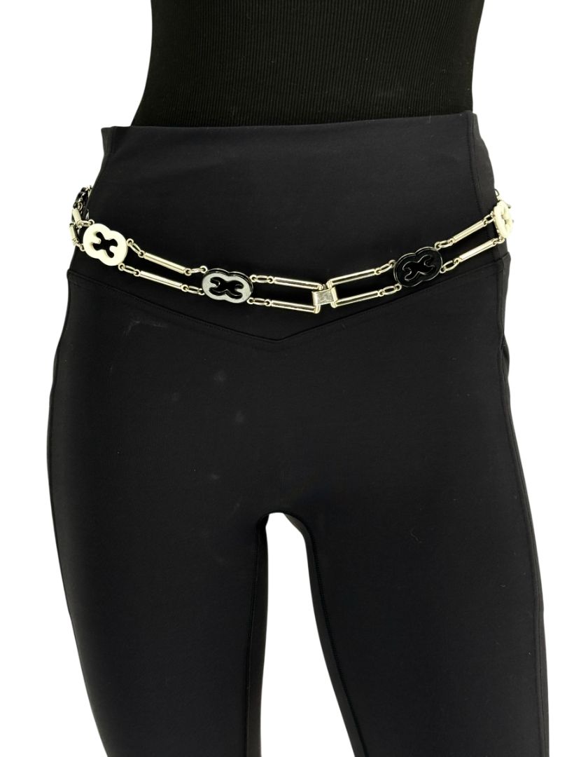 Escada Silver Chain Link Belt with Black & White Enamel Accents – 38”