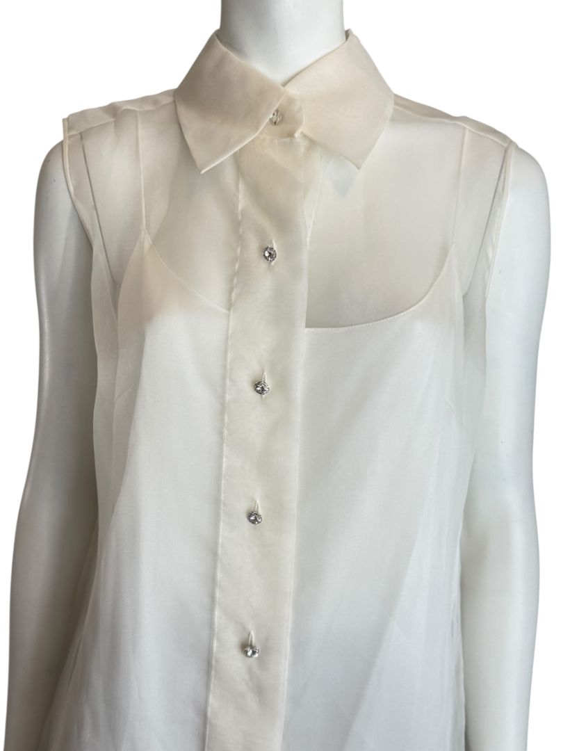 Pamella Roland Sleeveless Organza Blouse with Jewel Buttons - Large