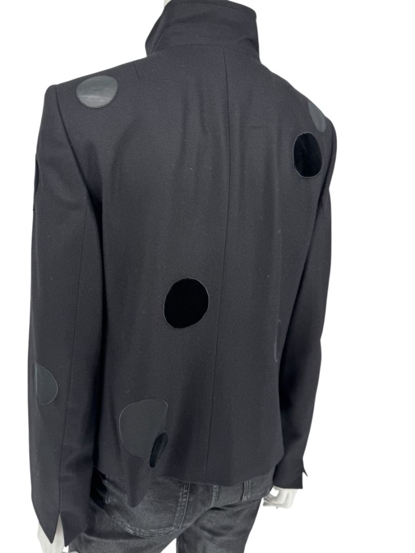 Akris Punto Black Wool Jacket with Leather & Velvet Appliqué – Size US 12