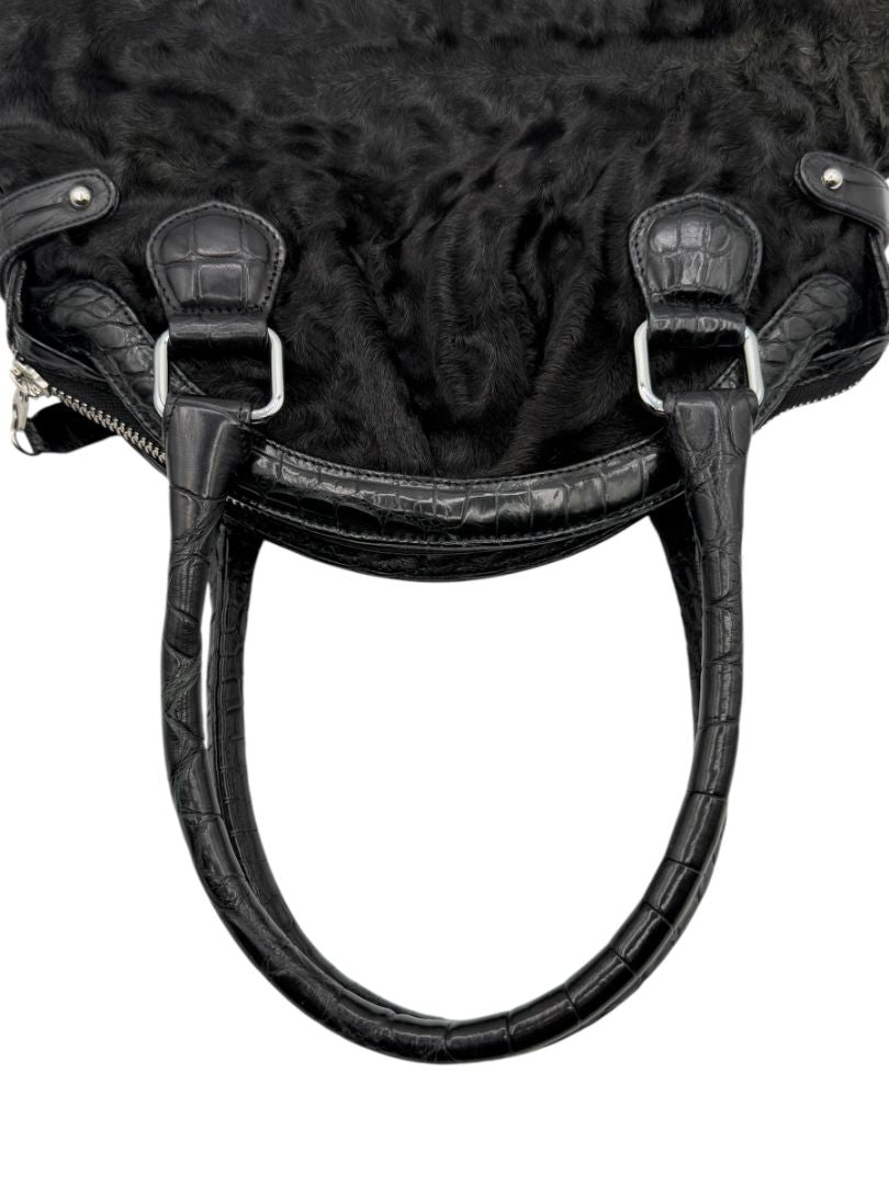 Darby Scott x Dennis Basso Black Faux Fur & Embossed Leather Satchel – Very Good Preowned Condition