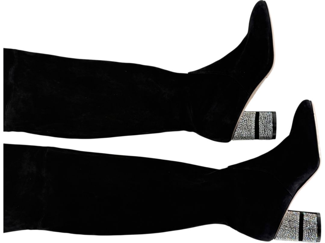 Stuart Weitzman Black Velvet Crystal Heel Over-the-Knee Boots – Size 9