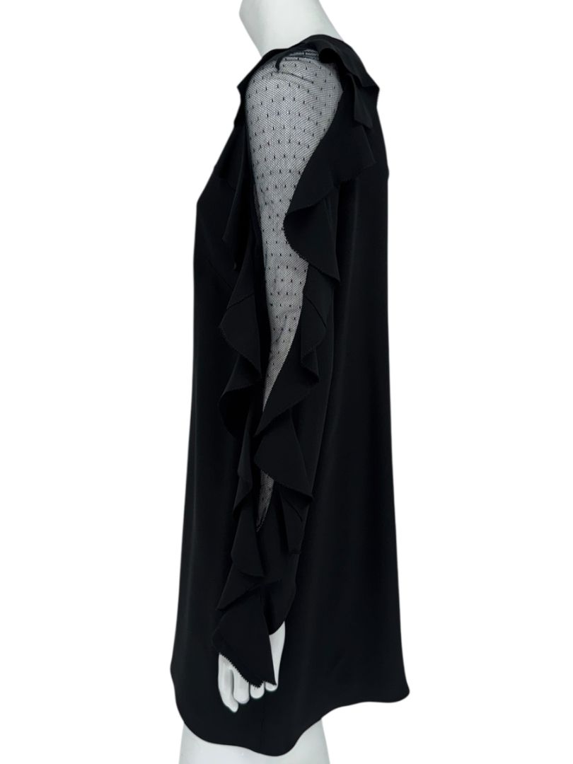 Valentino Black Long Sleeve Ruffle Mini Dress with Point d'Esprit Inset – Size US 10 / IT 46