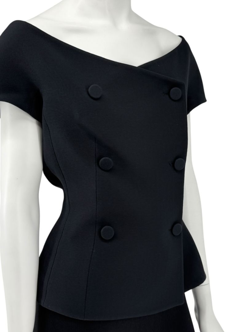 Christian Dior Paris Black Off-Shoulder Wool-Silk Asymmetric Button Top – Size FR 42 / US 10