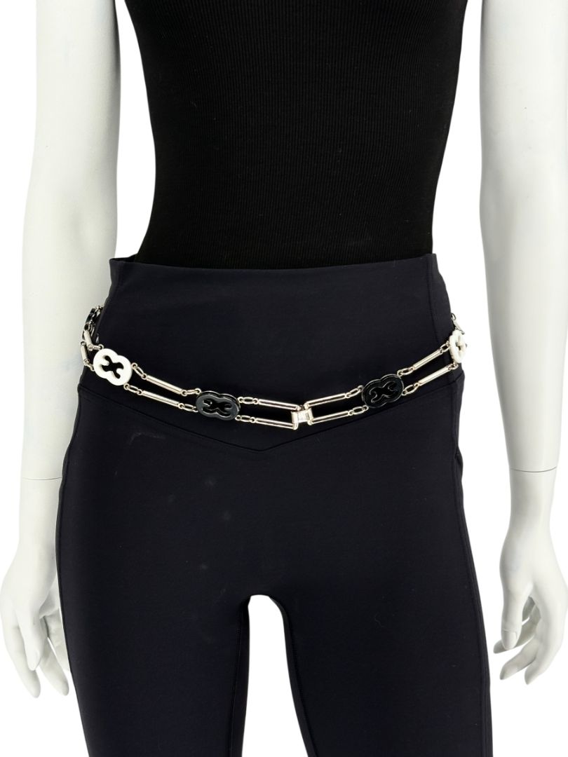 Escada Silver Chain Link Belt with Black & White Enamel Accents – 38”