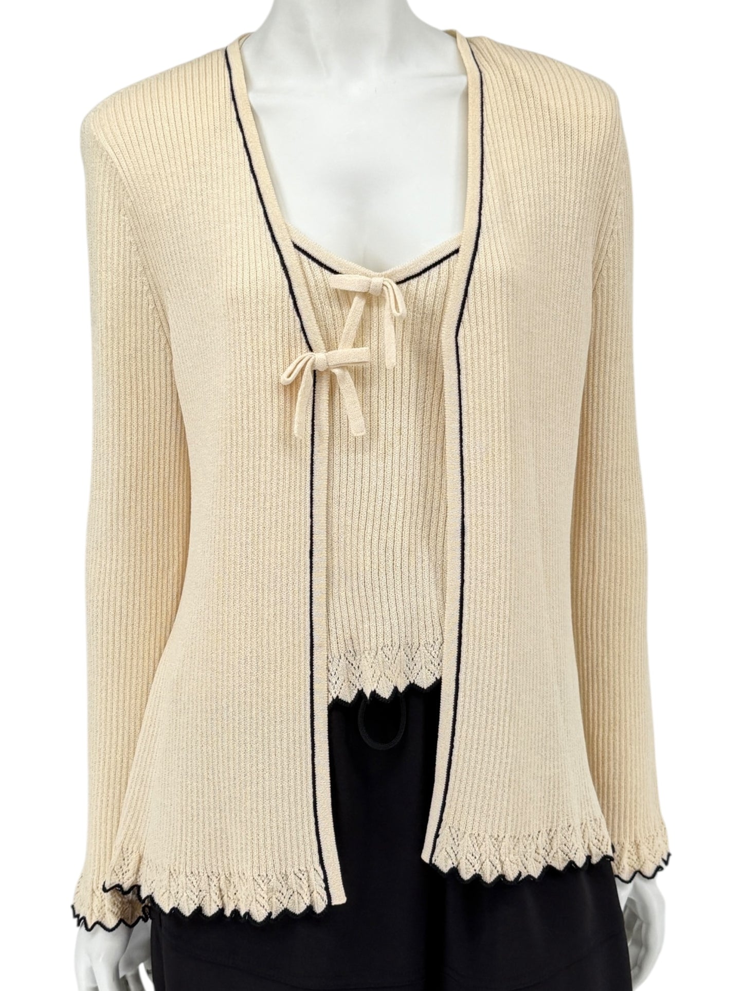 St. John Collection Cream Knit Twin Set with Black Trim – Size 6