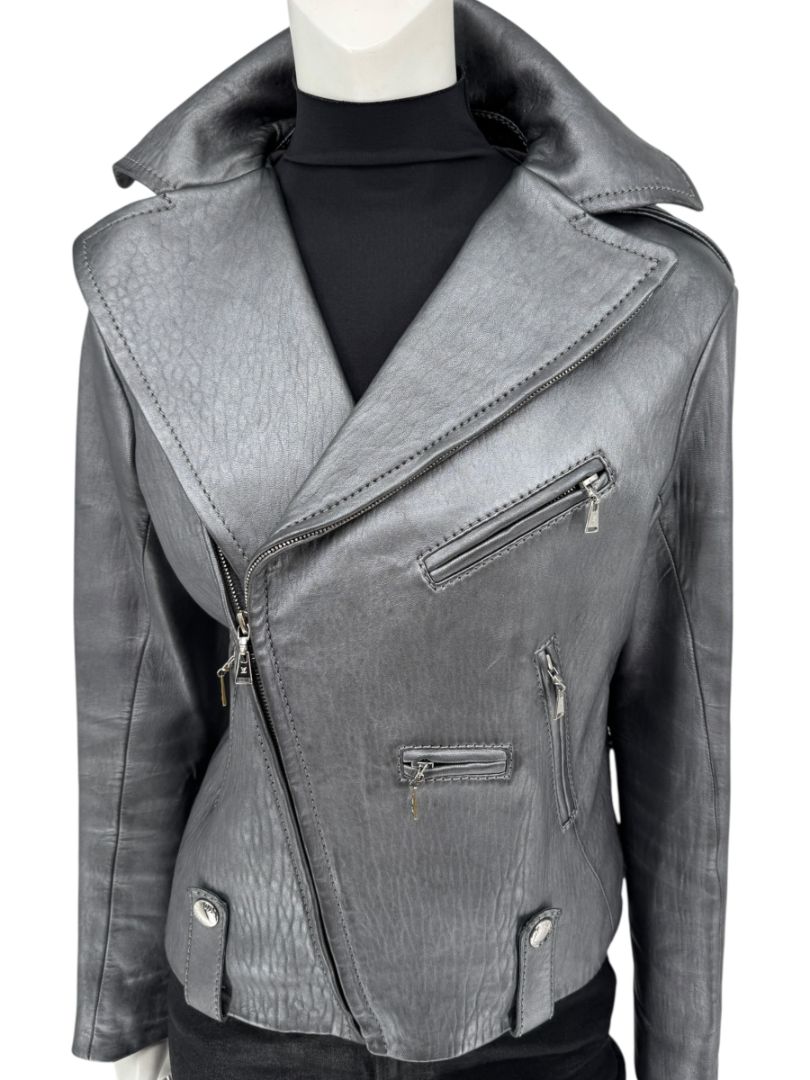 Louis Vuitton Metallic Grey Lambskin Moto Jacket – Size FR 40 (US 8)