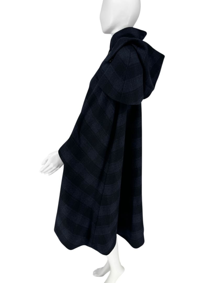 *RARE* Chanel Navy & Black Plaid Wool Hooded Cape with Logo Buttons – Size FR 44