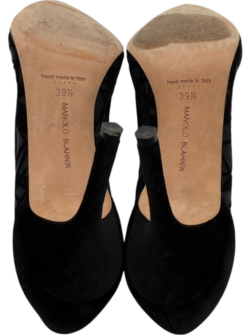 Manolo Blahnik Black Velvet & Mesh Geometric Pumps – Size 39.5