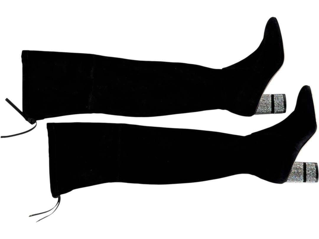 Stuart Weitzman Black Velvet Crystal Heel Over-the-Knee Boots – Size 9