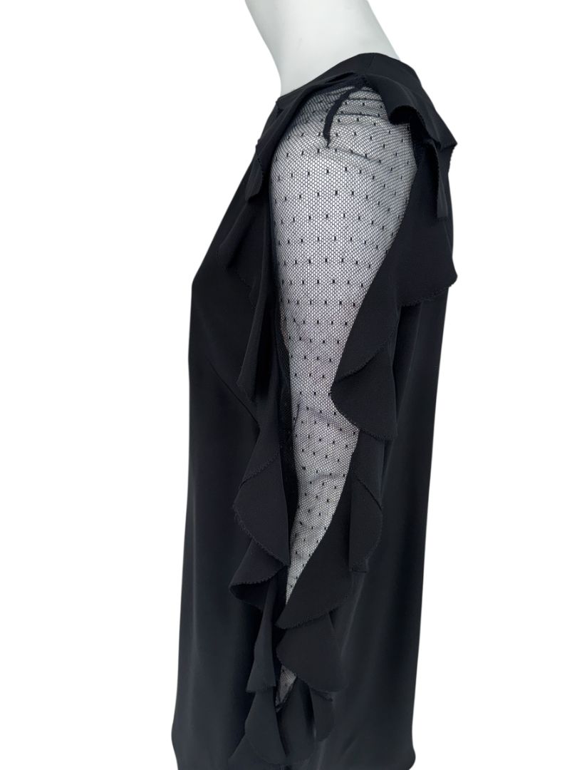 Valentino Black Long Sleeve Ruffle Mini Dress with Point d'Esprit Inset – Size US 10 / IT 46