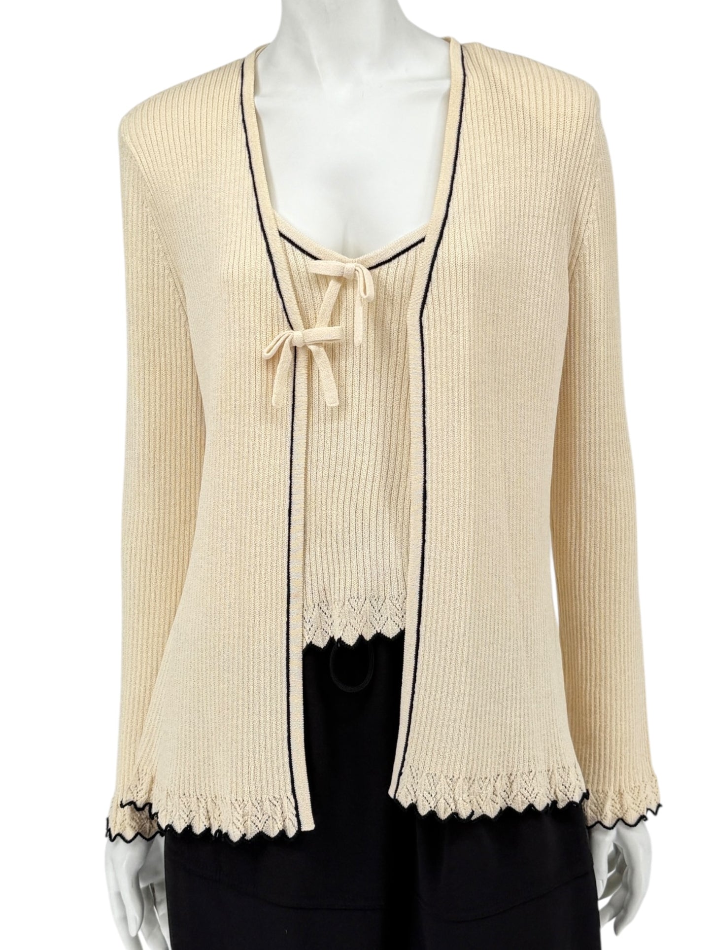 St. John Collection Cream Knit Twin Set with Black Trim – Size 6