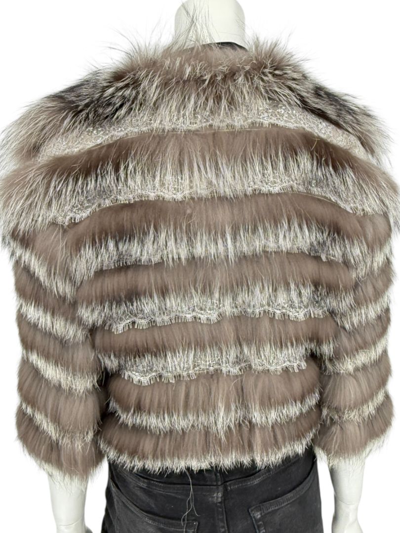 Pamella Roland Taupe Silver Fur Cape Style Jacket with Lace Trim – Sample Size Fits Like Large