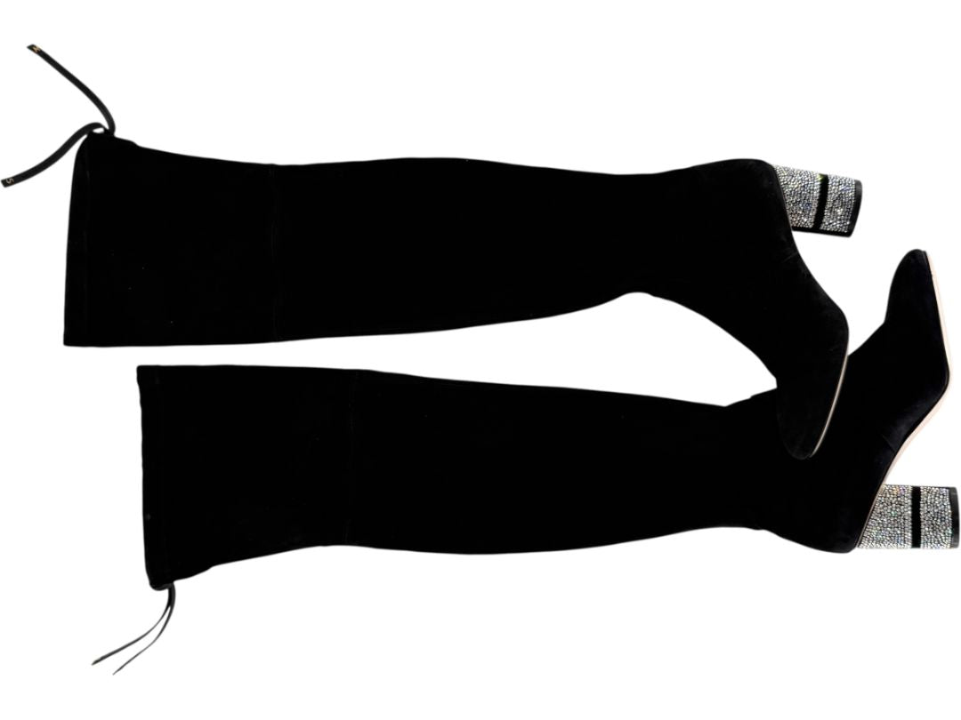Stuart Weitzman Black Velvet Crystal Heel Over-the-Knee Boots – Size 9