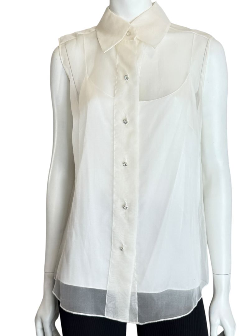 Pamella Roland Sleeveless Organza Blouse with Jewel Buttons - Large