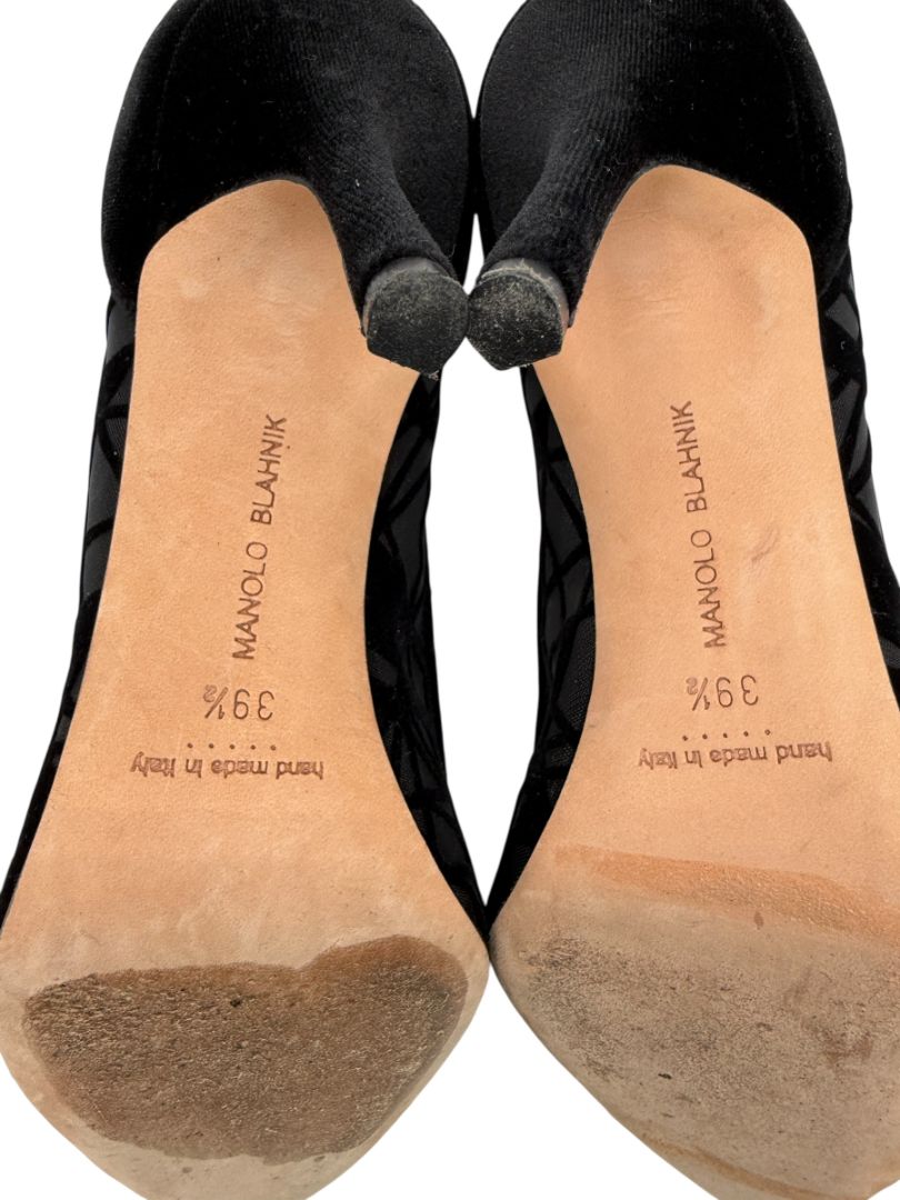 Manolo Blahnik Black Velvet & Mesh Geometric Pumps – Size 39.5