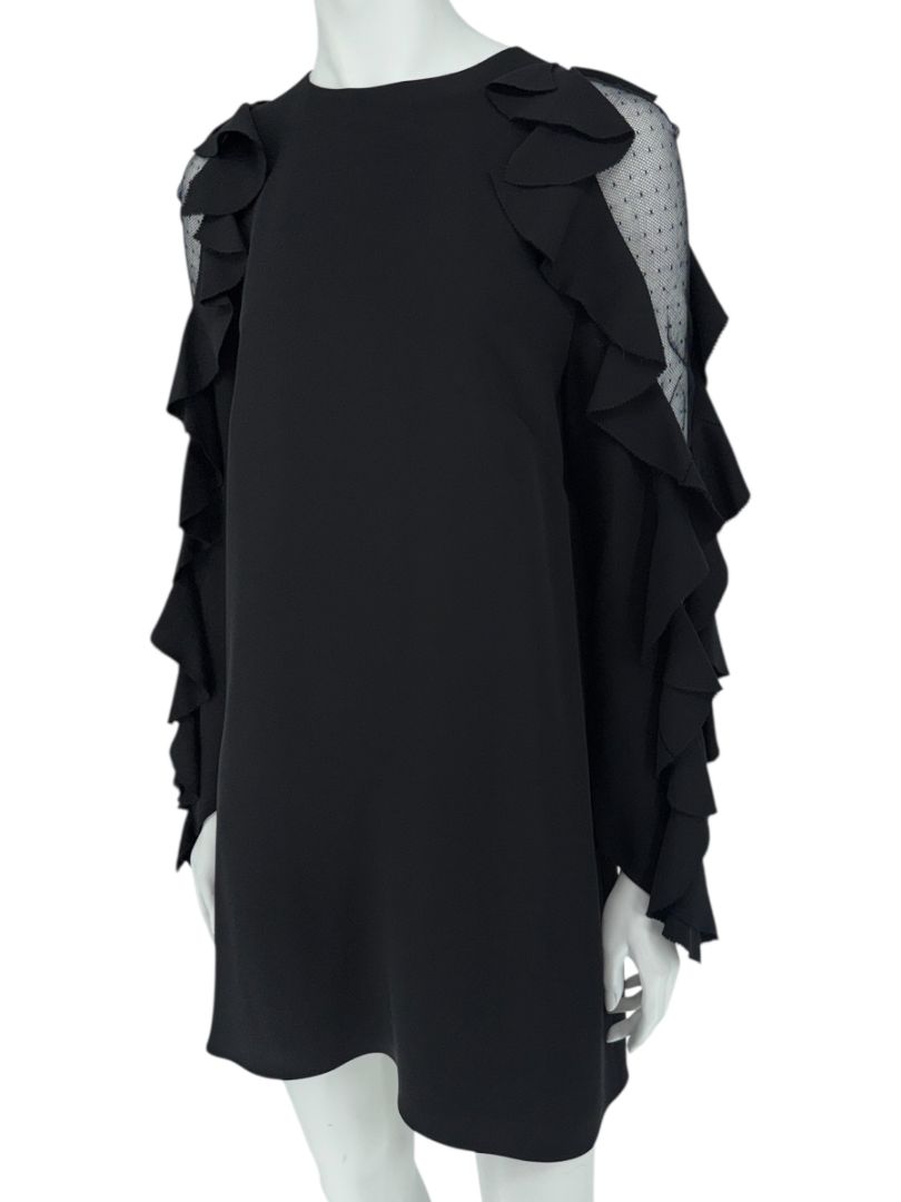 Valentino Black Long Sleeve Ruffle Mini Dress with Point d'Esprit Inset – Size US 10 / IT 46