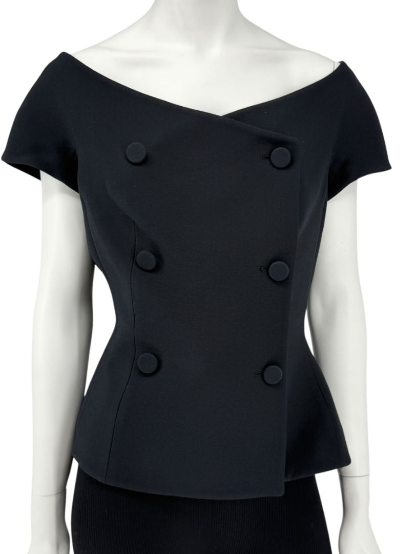 Christian Dior Paris Black Off-Shoulder Wool-Silk Asymmetric Button Top – Size FR 42 / US 10