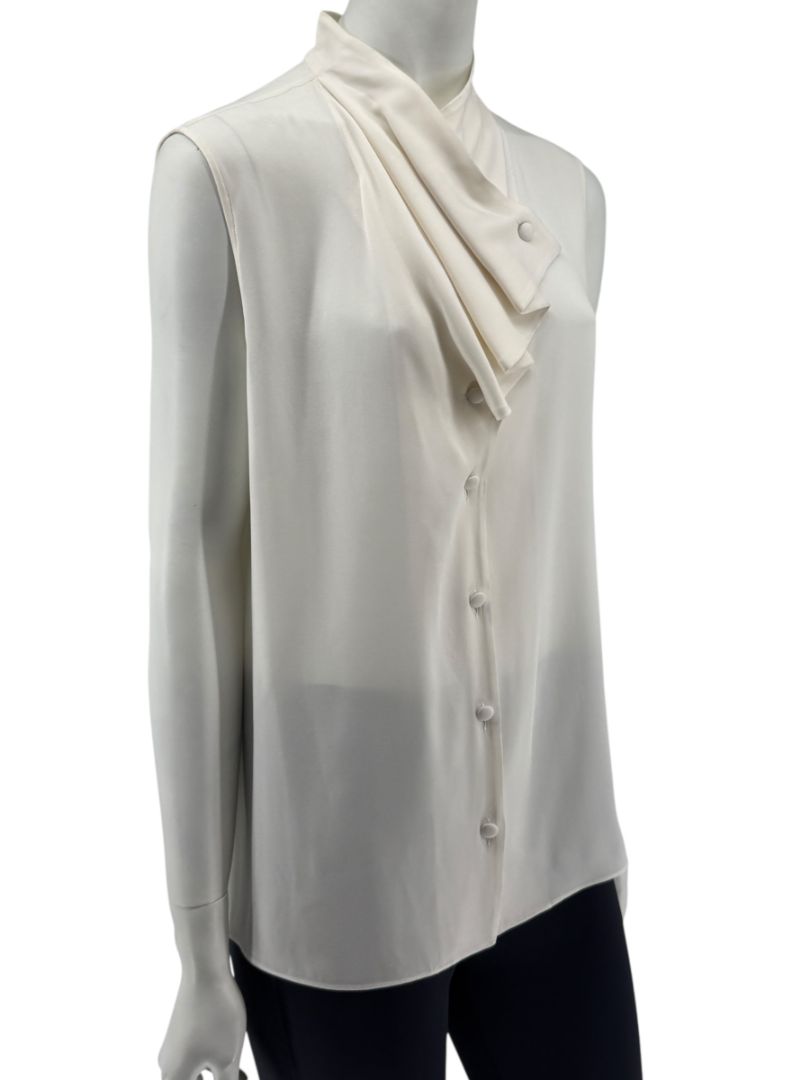 Giorgio Armani Ivory Silk Ruffle Front Sleeveless Blouse – Size 10