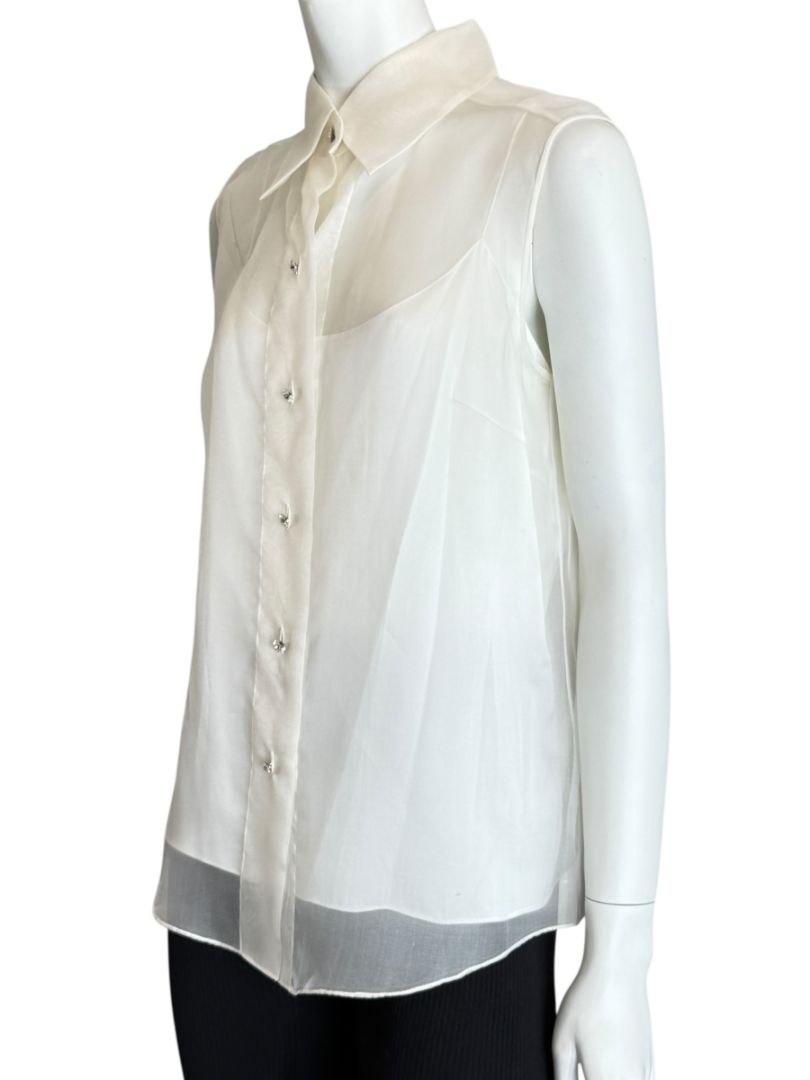Pamella Roland Sleeveless Organza Blouse with Jewel Buttons - Large