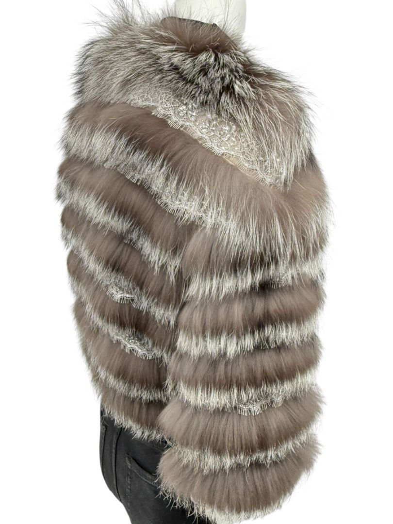 Pamella Roland Taupe Silver Fur Cape Style Jacket with Lace Trim – Sample Size Fits Like Large