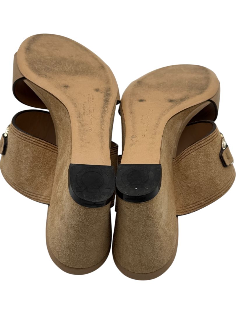 Salvatore Ferragamo Tan Leather & Suede Wedge Sandals – Size 9