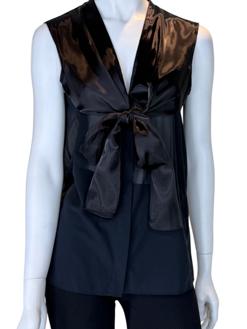 Akris Bergdorf Goodman Black Sleeveless Sheer Silk & Cotton Tie-Front Blouse – Size 10