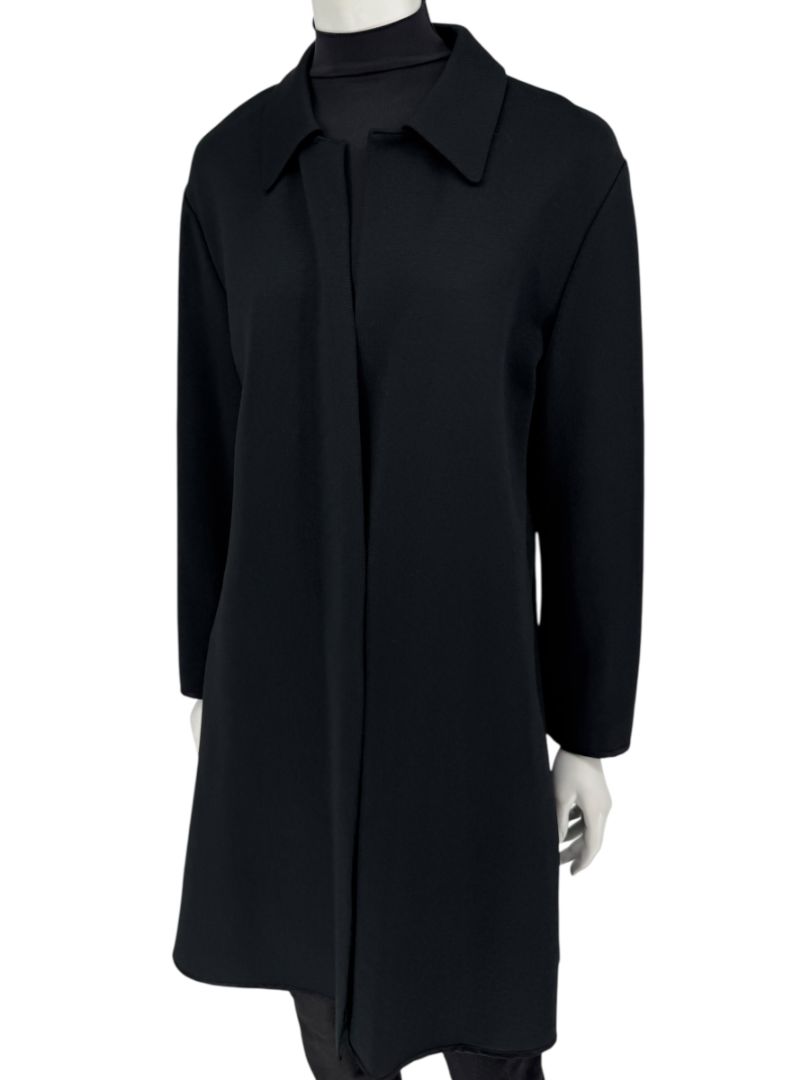 Pamella Roland Black Long Coat Minimalist Hidden Placket Shirt Collar - Large